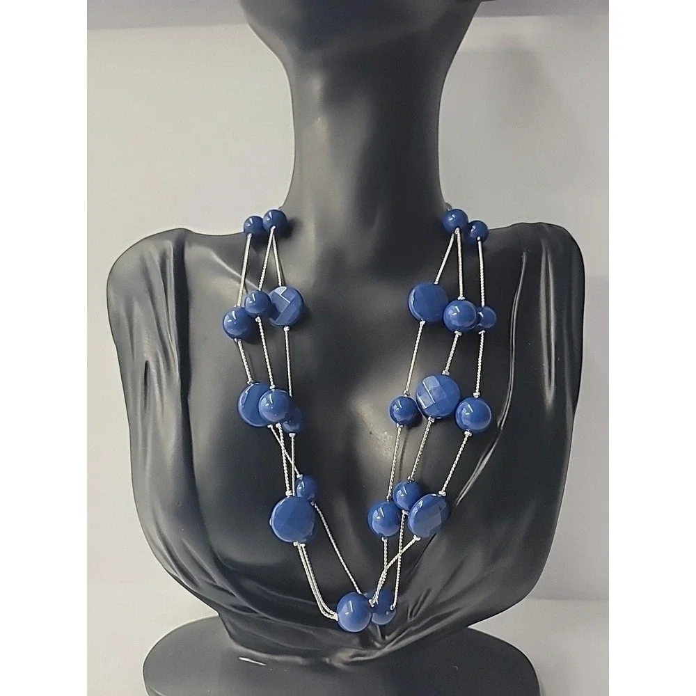 Vintage Blue Bead Multi Strand Silver Tone Necklace‎ Long Layered Statement
